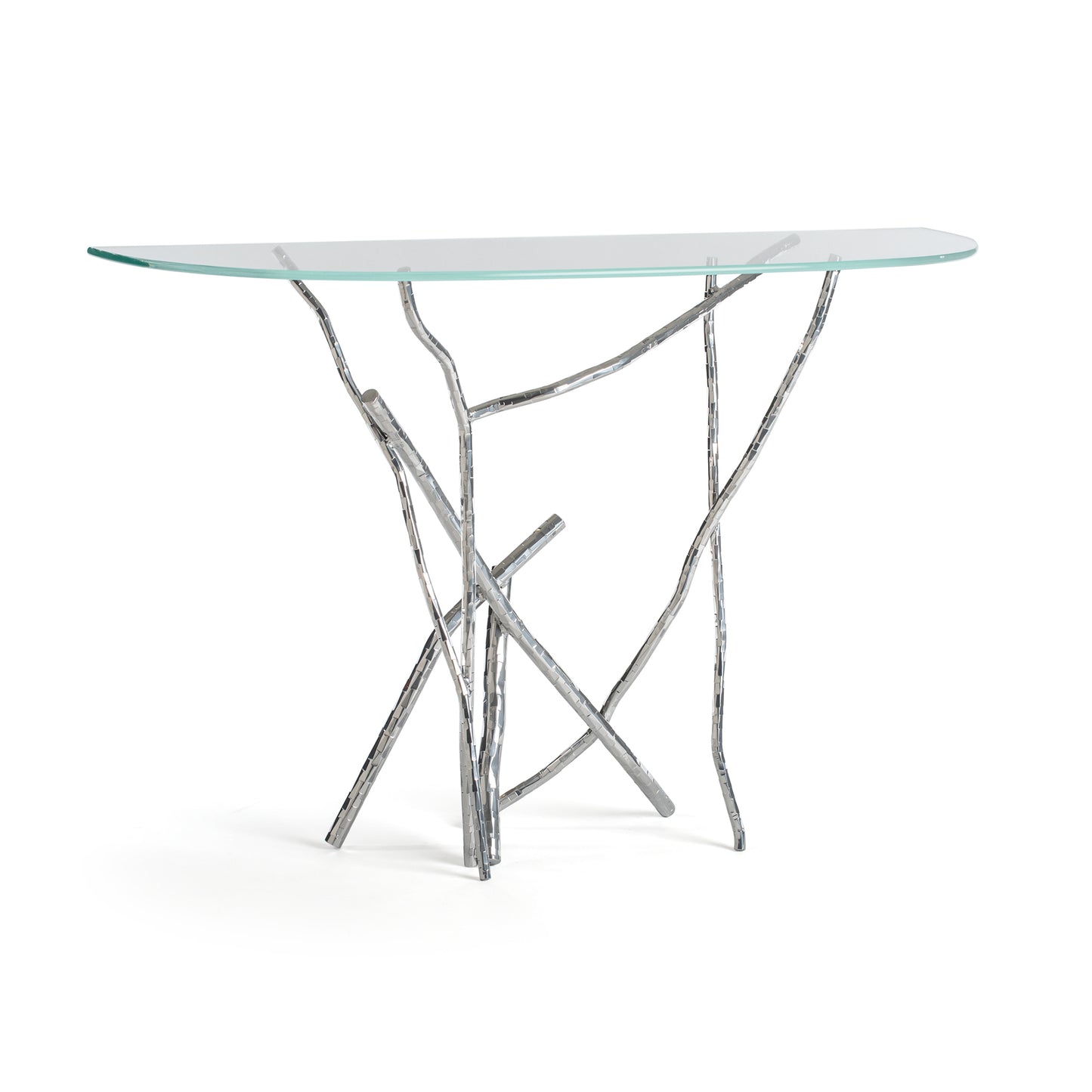 Hubbardton Forge Brindille Console Table with modern glass top and unique hand-hammered silver base of intertwined branches.