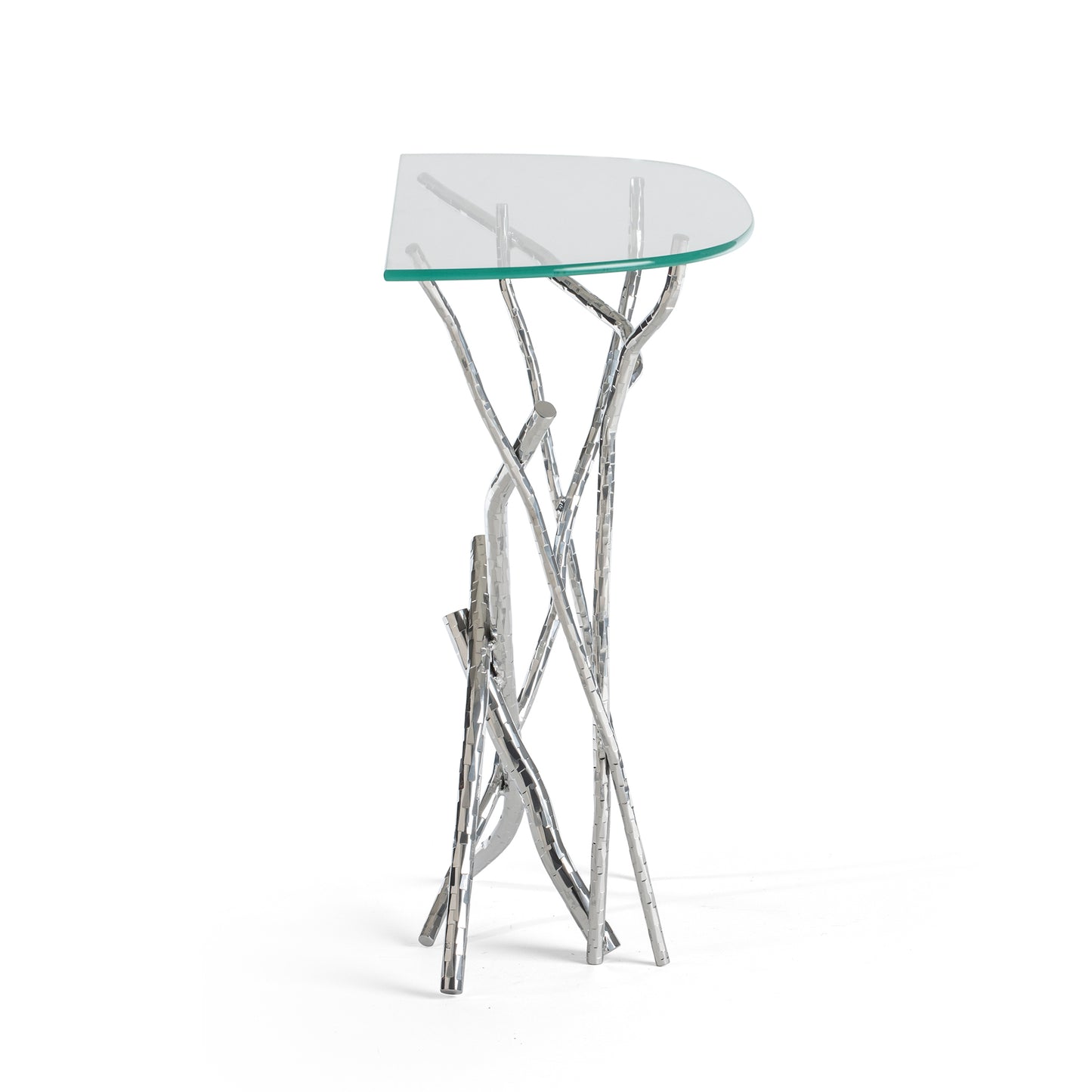 Brindille Console Table by Hubbardton Forge featuring a half-circle glass top on an elegantly intertwined, hand-hammered silver base resembling graceful branches.