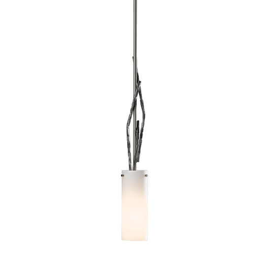 Brindille Mini Pendant by Hubbardton Forge with frosted glass shade and intricate twisted metal detail.