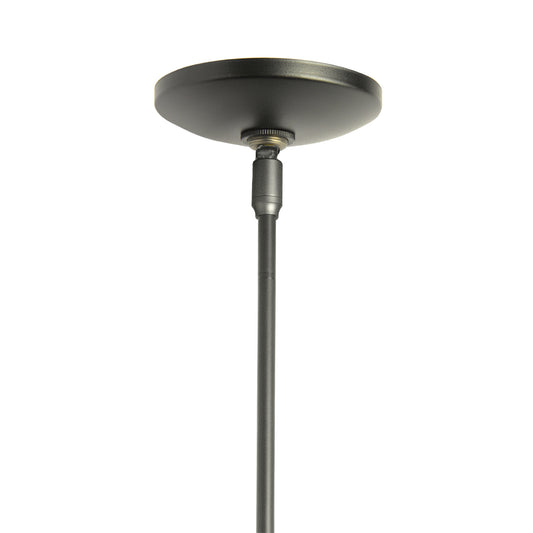 Brindille Mini Pendant by Hubbardton Forge featuring a sleek black round design with a vertical rod, viewed from below.