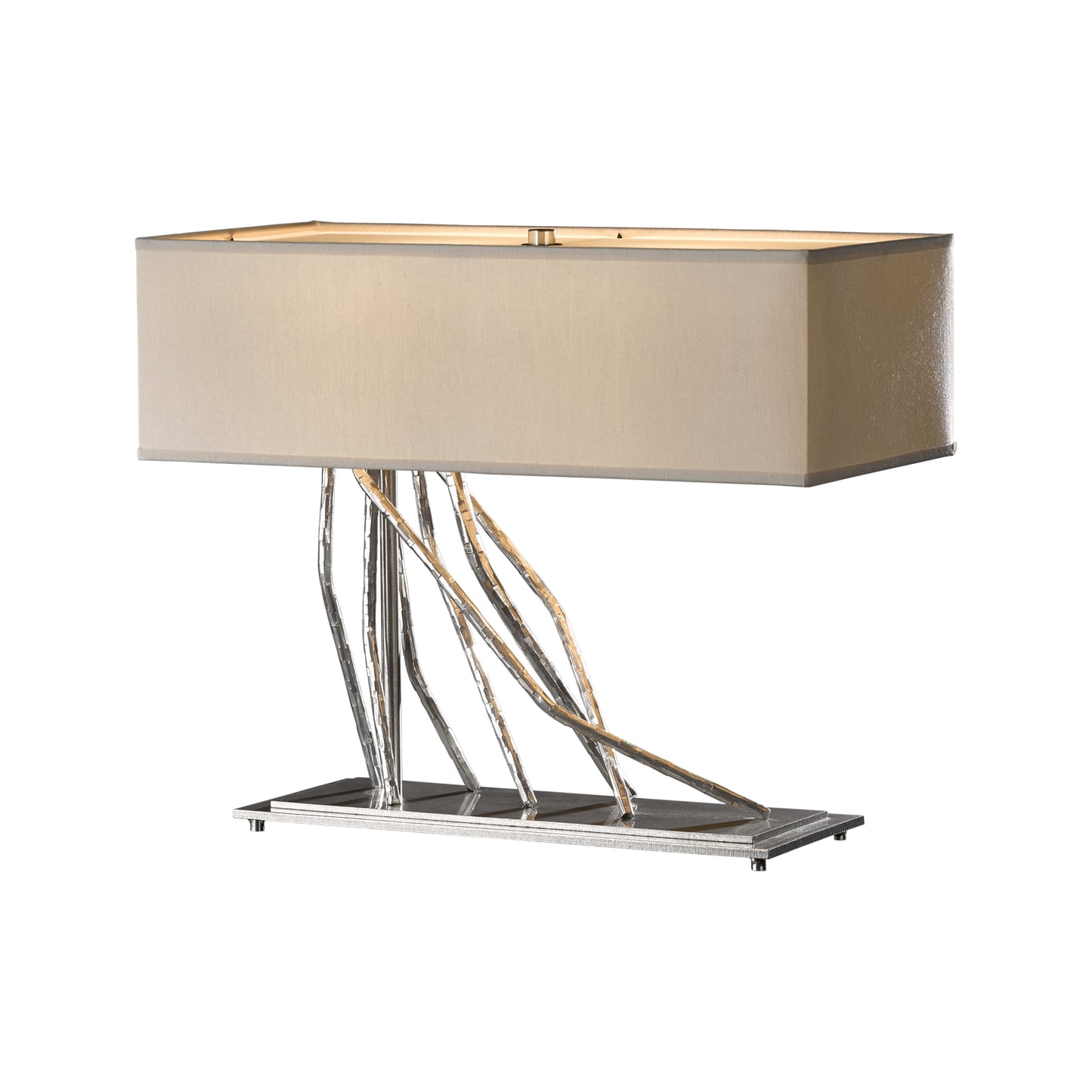 Brindille Table Lamp by Hubbardton Forge with beige shade and hand-forged metal base of intersecting organic rods.