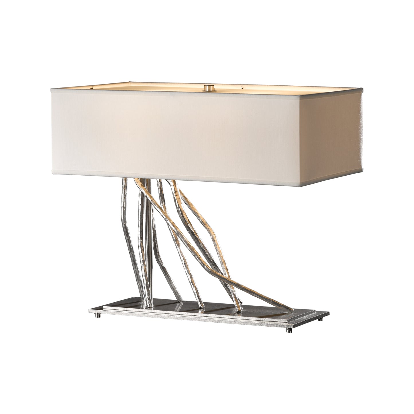 Hand-forged Brindille Table Lamp by Hubbardton Forge with branch-like metal base and rectangular beige shade.