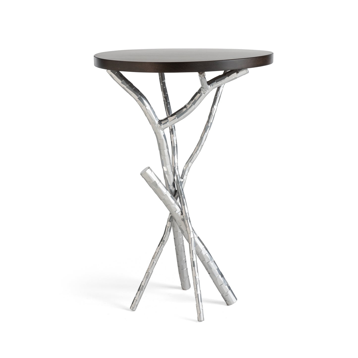Brindille Wood Top Accent Table by Hubbardton Forge with solid wood top and handcrafted silver base designed like intertwining branches.