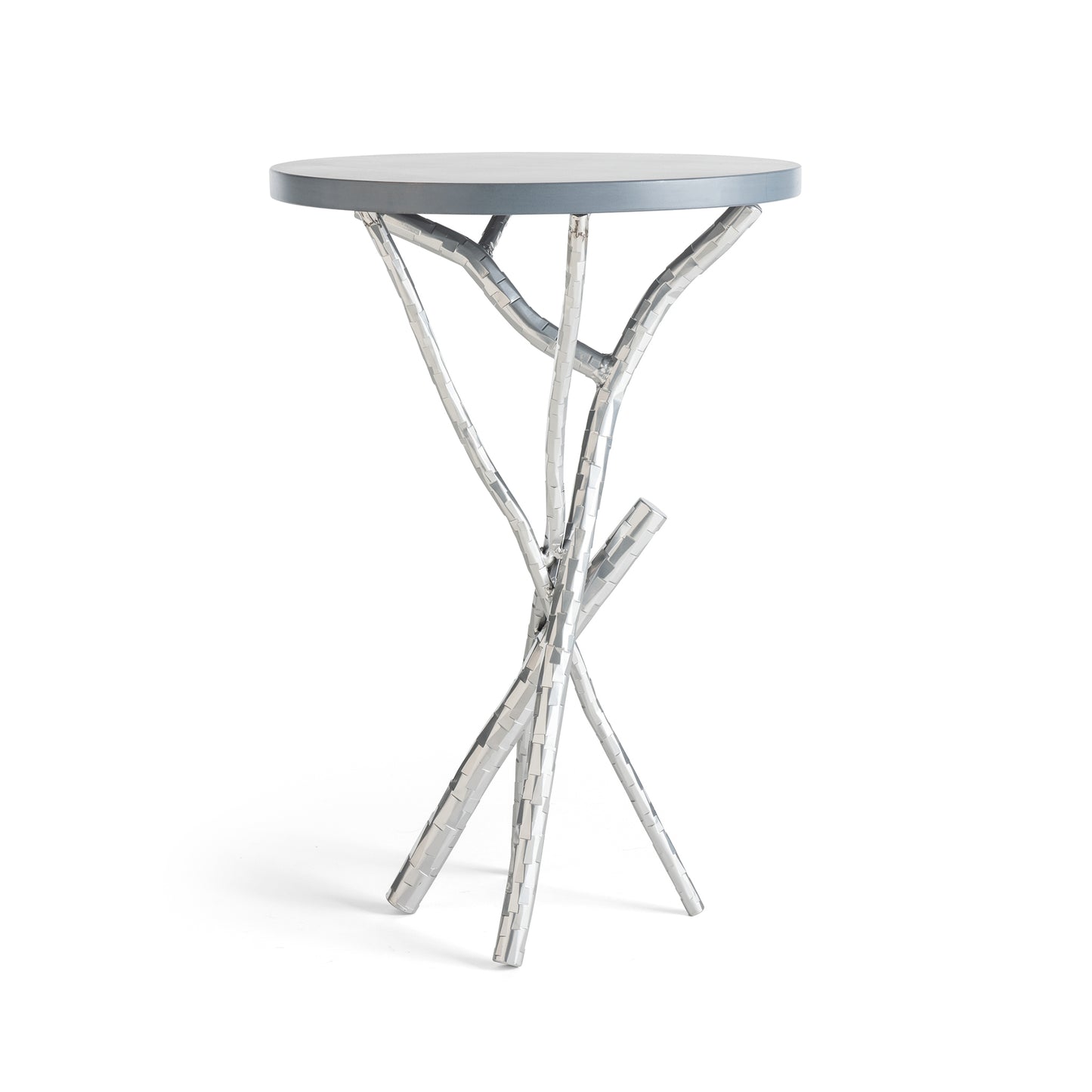 Brindille Wood Top Accent Table by Hubbardton Forge with a blue round top and tree-branch steel base.