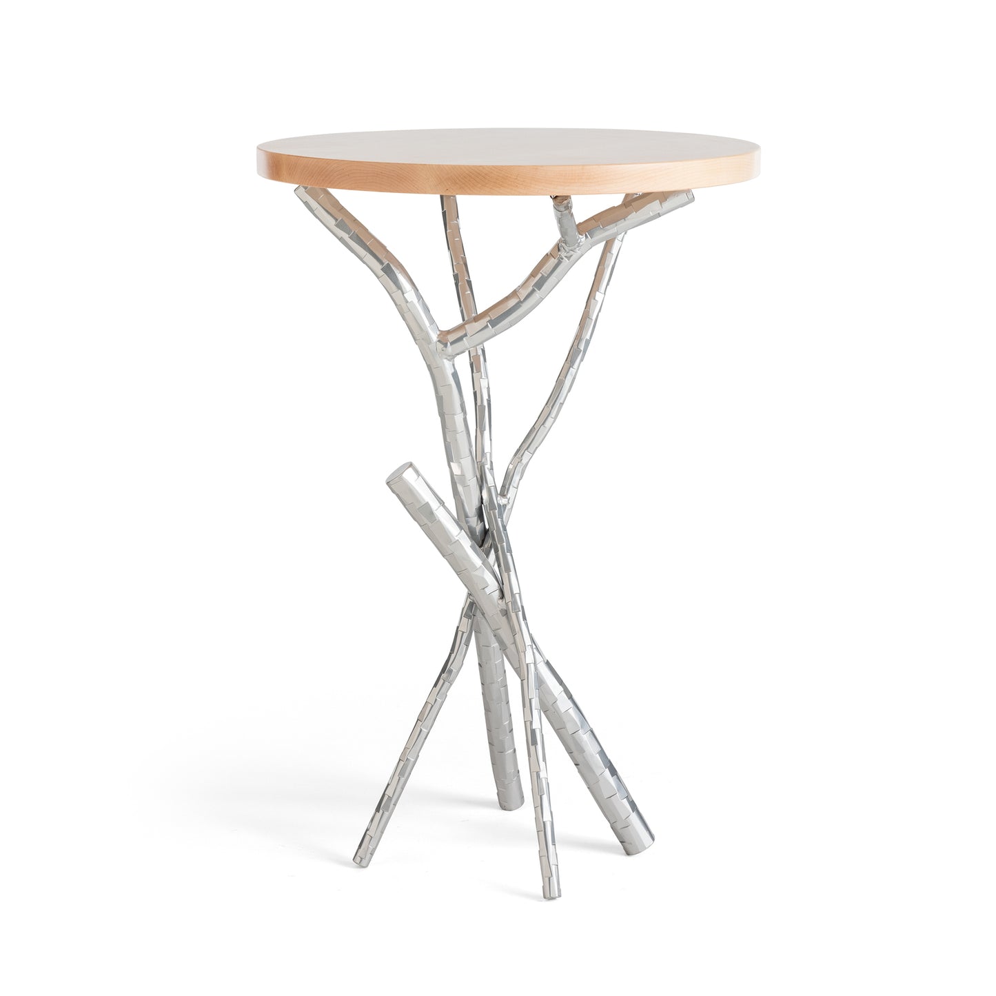 Hubbardton Forge Brindille Accent Table with Vermont Maple Wood top and handcrafted steel base of intertwined branches.