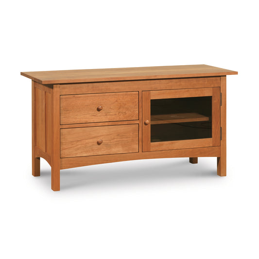 Wooden Burlington Shaker Two Drawer Media Console with a shelf, on a white background, showcasing a Vermont Furniture Designs.