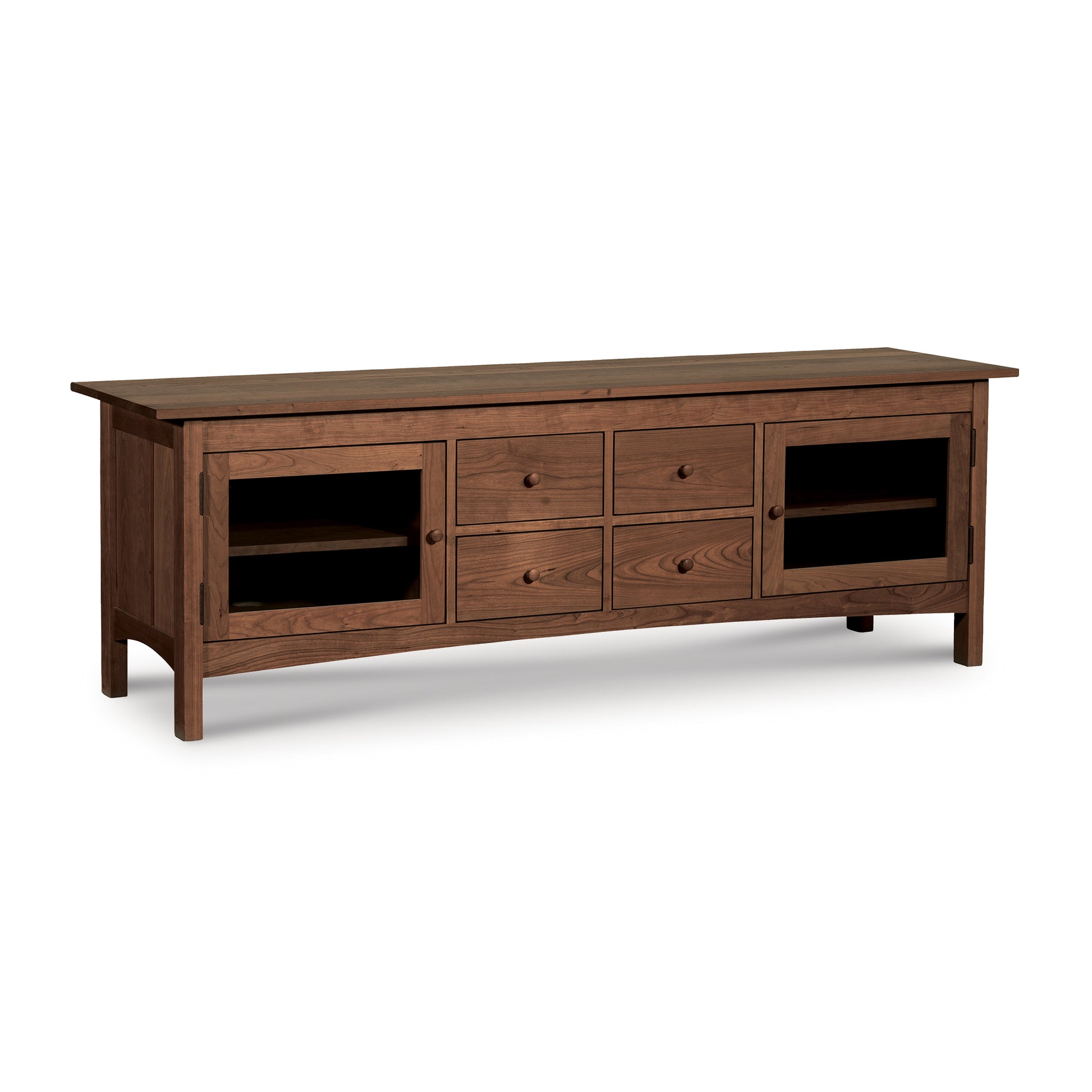 Burlington Shaker 4-Drawer Media Console made of solid wood with four drawers and glass-door side cabinets, handcrafted by Vermont Furniture Designs.