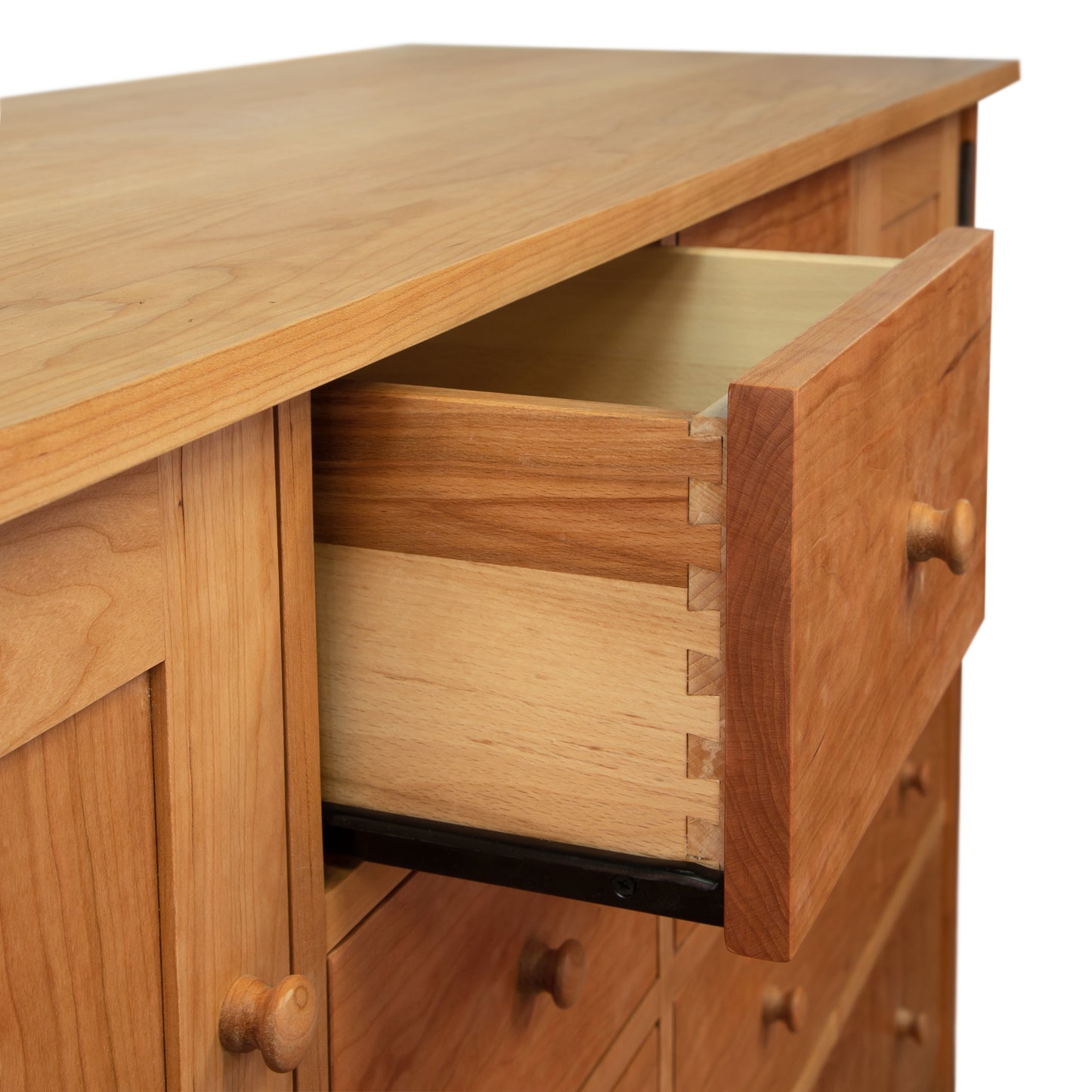 Burlington Shaker 8-Drawer 2-Door Dresser showcasing dovetail joints, wood knobs, and an eco-friendly oil finish in solid hardwood craftsmanship.