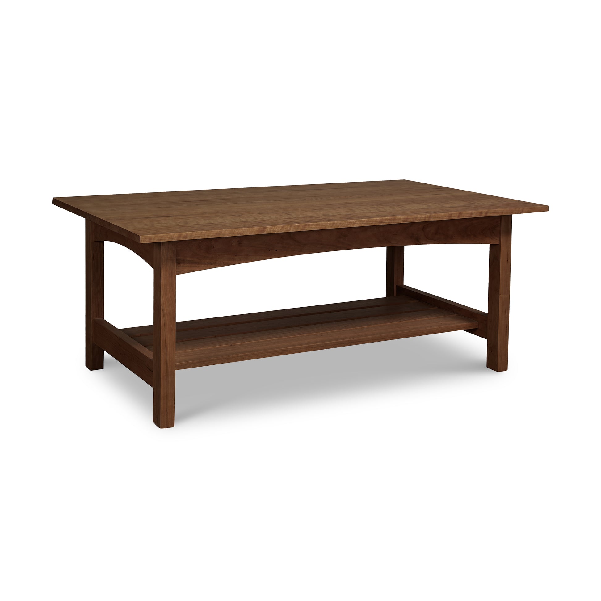 A handmade, solid wood Vermont Furniture Designs Burlington Shaker Coffee Table with a lower shelf on a white background.