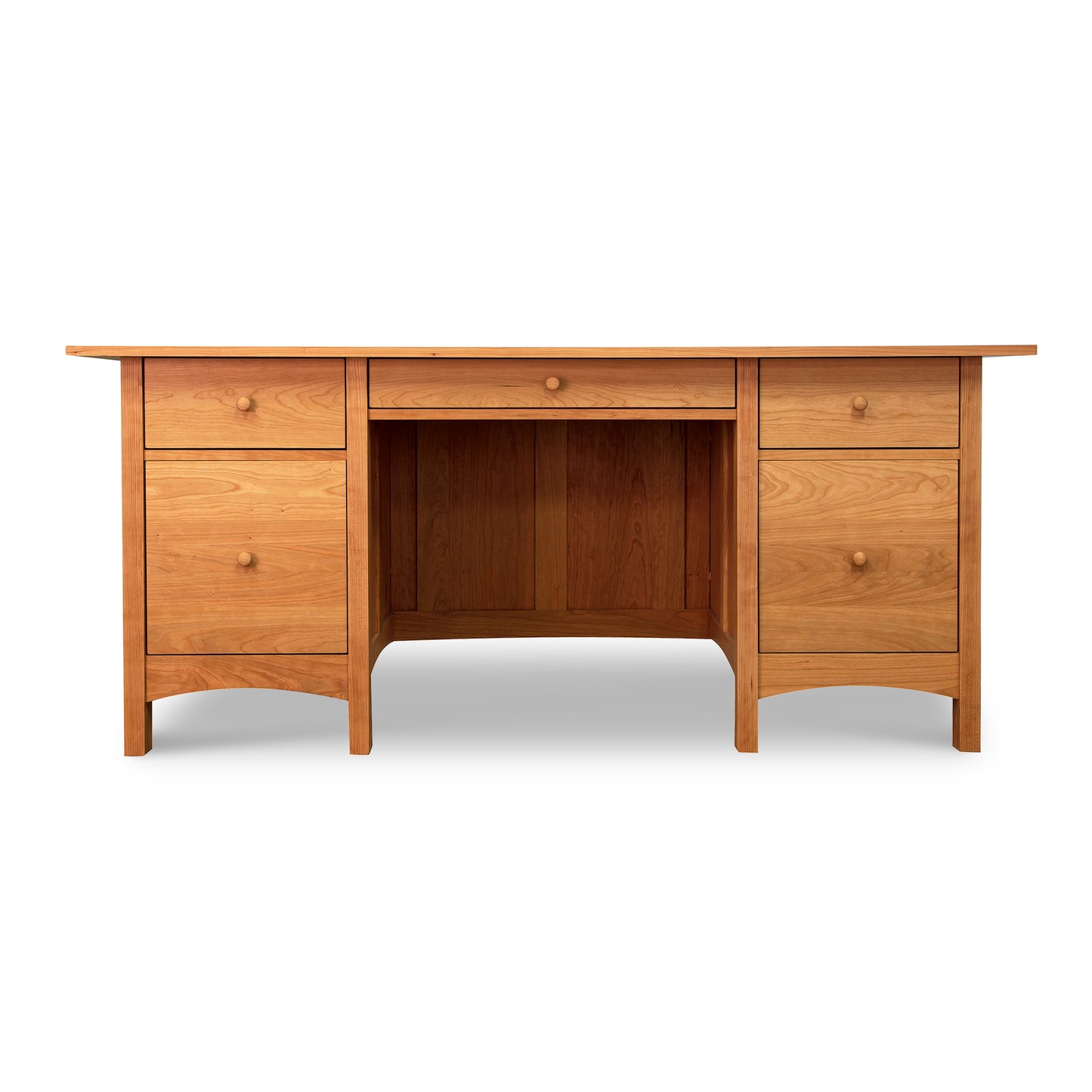 Burlington Shaker Executive Desk with five drawers, round knobs, and a natural wood finish, crafted by Vermont Furniture Designs.