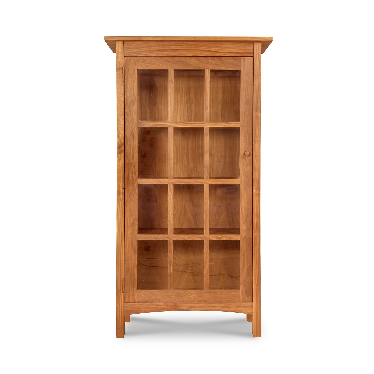 Burlington Shaker Glass Door Bookcase by Vermont Furniture Designs with four shelves and eco oil finish, highlighting its American-made craftsmanship.
