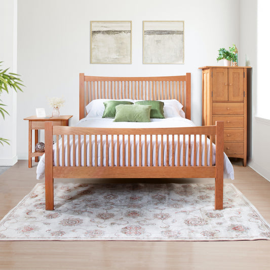 Burlington Shaker High Footboard Bed by Vermont Furniture Designs, featuring classic craftsmanship and high footboard, shown with white bedding and green pillows.