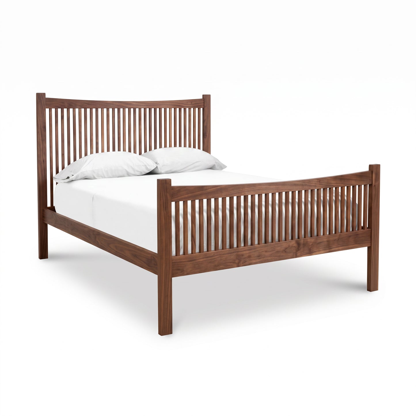 Burlington Shaker High Footboard Bed by Vermont Furniture Designs with vertical slats, shown with a white mattress and two pillows.