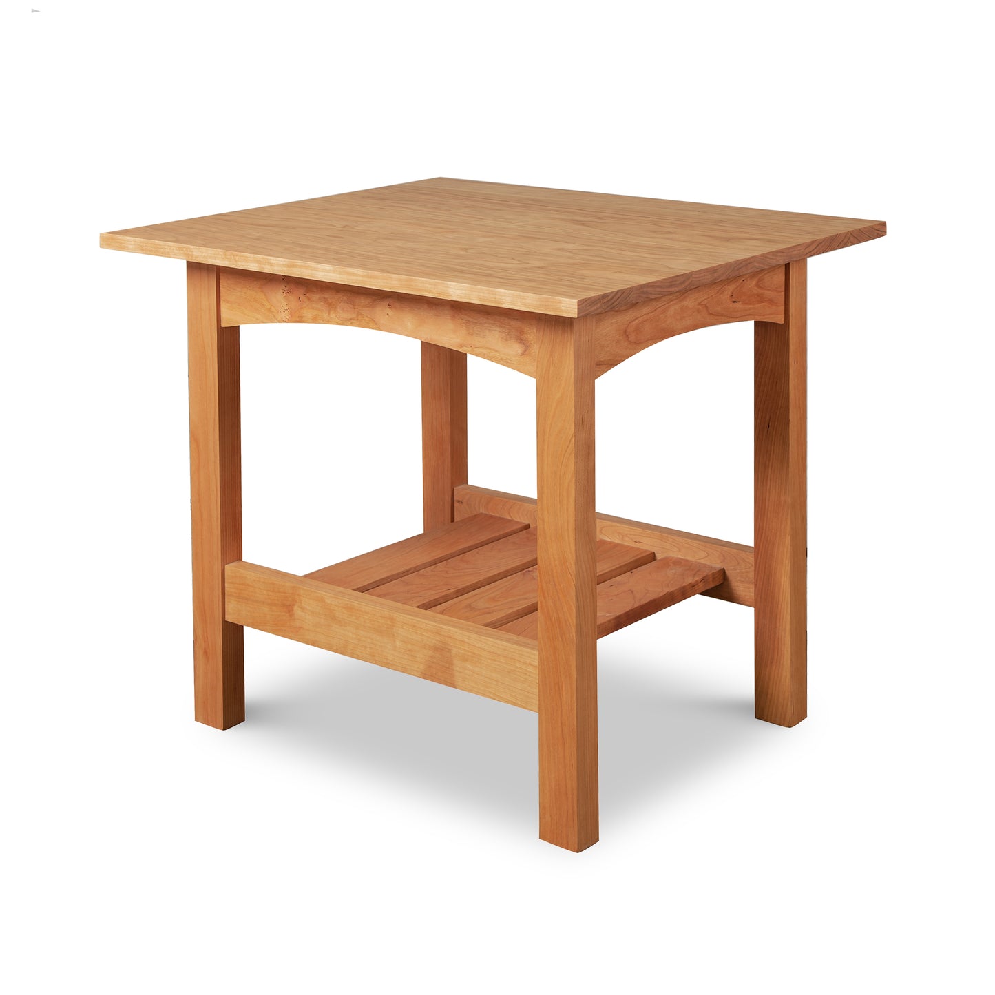 Burlington Shaker Lamp Table by Vermont Furniture Designs with a square top, four legs, slatted shelf, and eco-friendly oil finish.