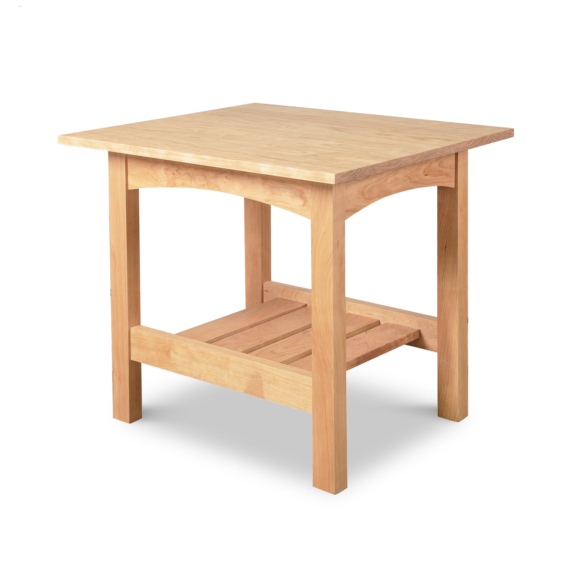 Burlington Shaker Lamp Table with four tapered legs, a slatted lower shelf, and a hand-applied eco-friendly oil finish by Vermont Furniture Designs.