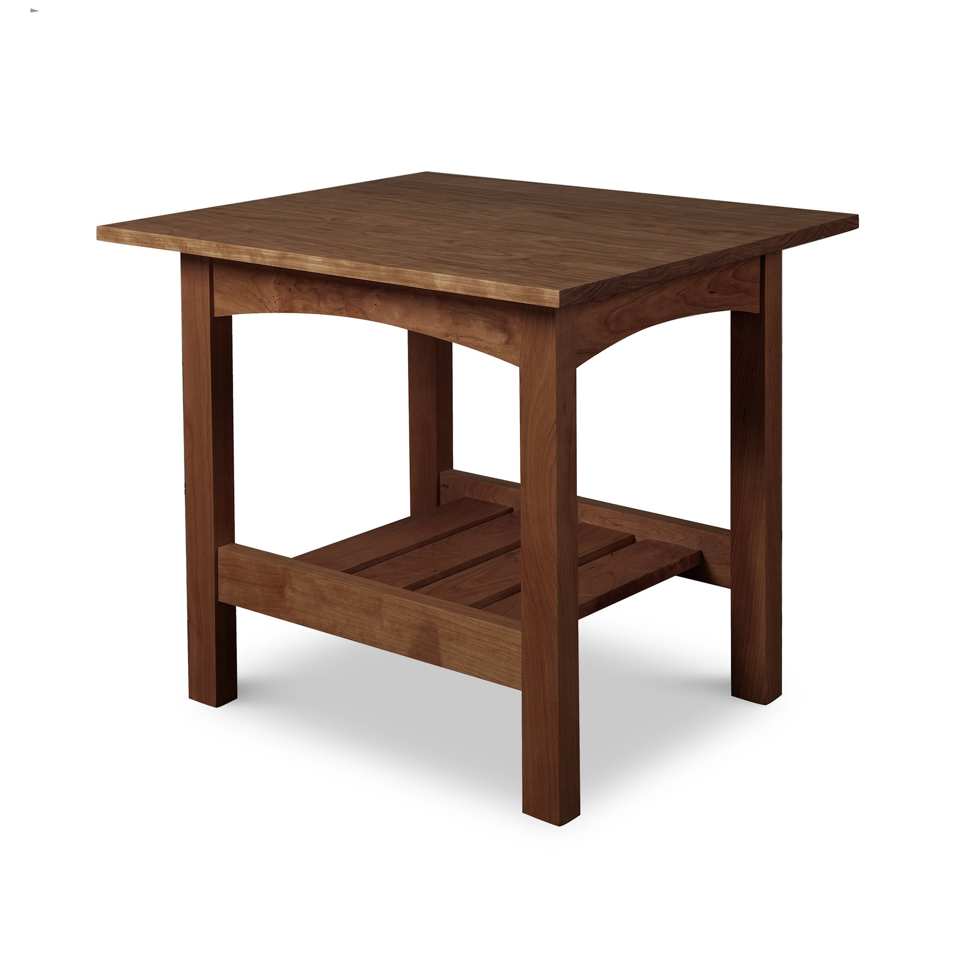 A solid wood Burlington Shaker Lamp Table with a square top and a lower shelf from the Vermont Furniture Designs Collection, isolated on a white background.