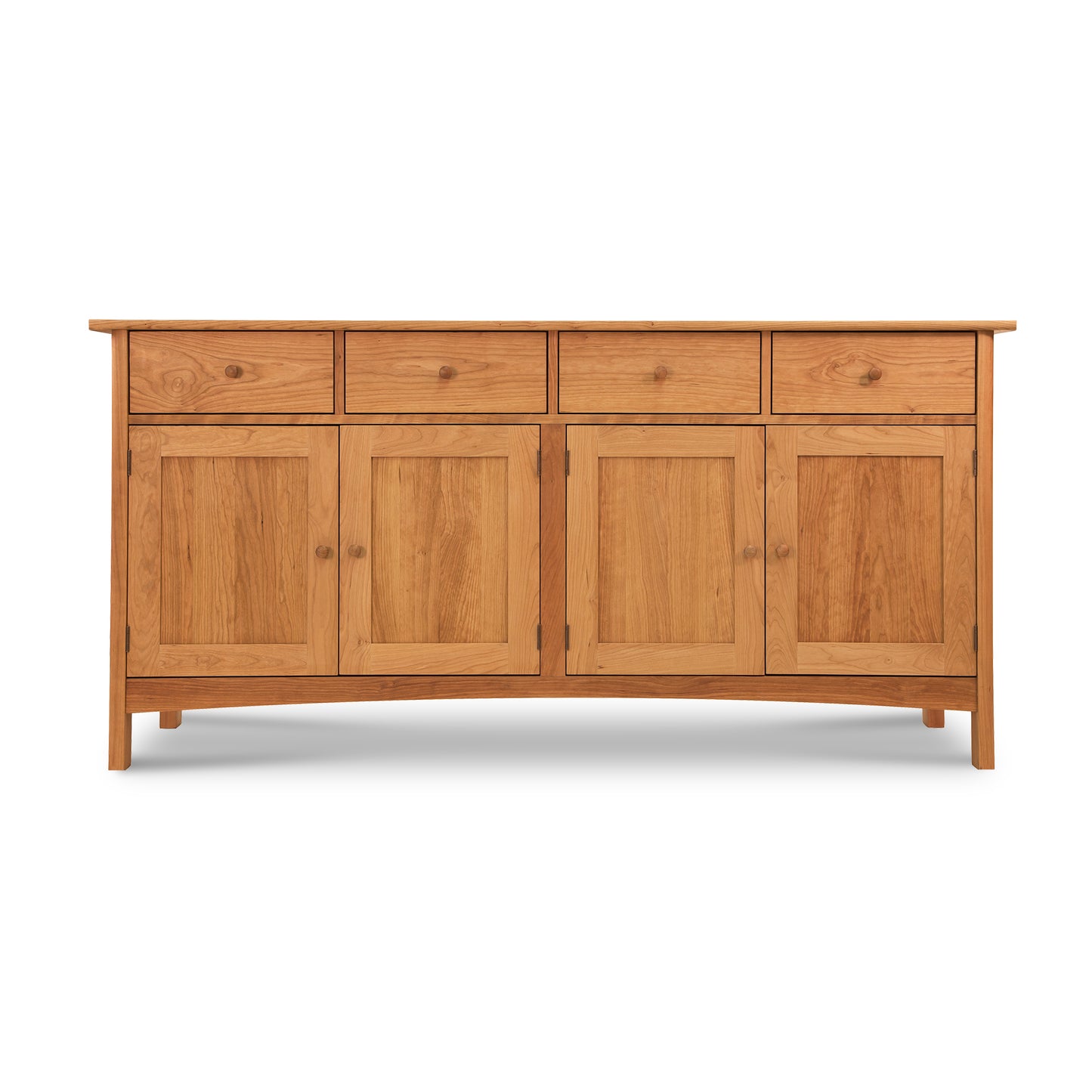 Vermont Furniture Designs Burlington Shaker Long Sideboard, made of solid wood, with three drawers and three cabinet doors, isolated on a white background.