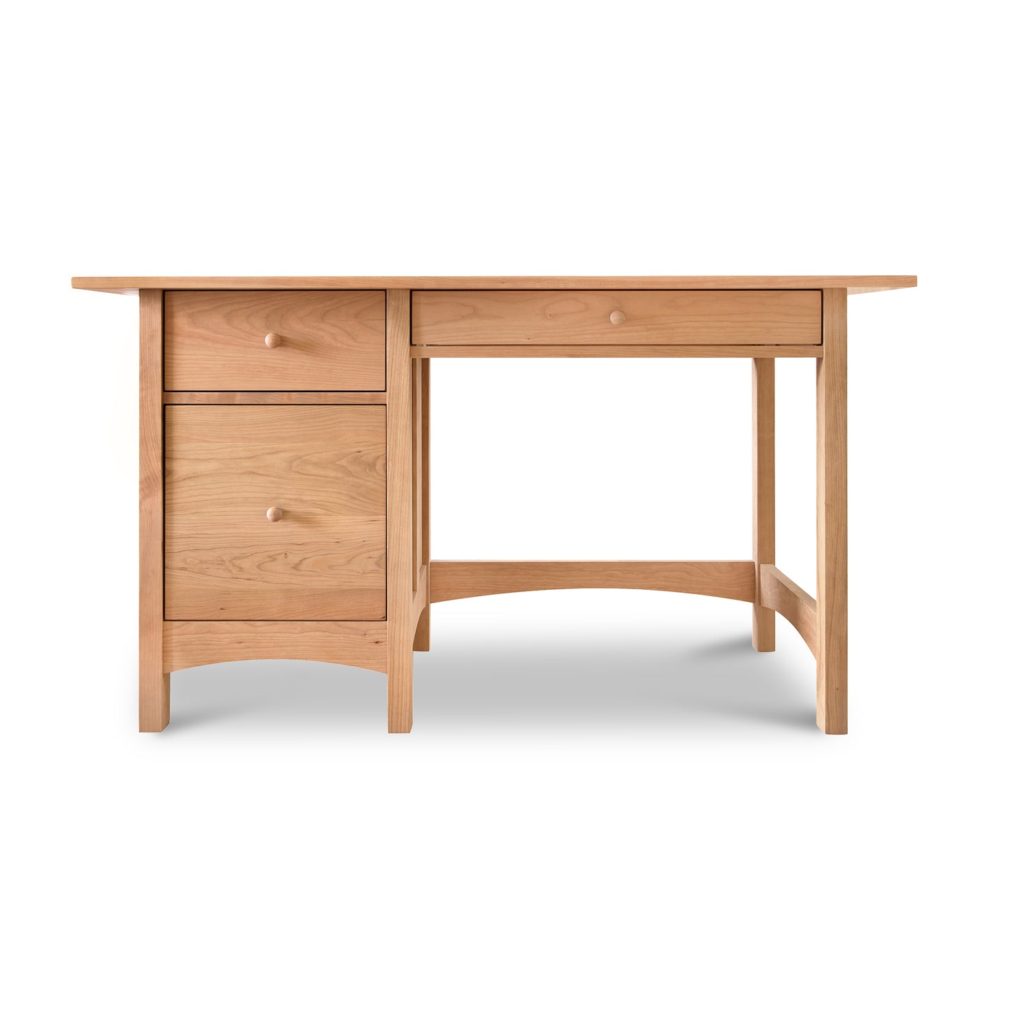 A Vermont Furniture Designs Burlington Shaker Study Desk with two drawers on one side, isolated on a white background.