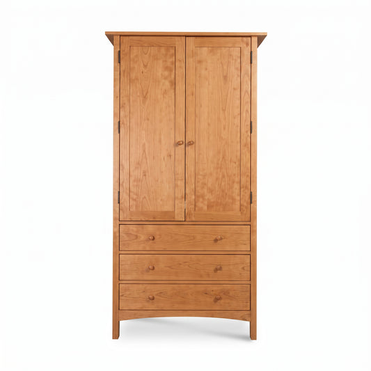 Burlington Shaker Tall Armoire in solid wood with natural finish, featuring 2 doors and 3 drawers, crafted by Vermont Furniture Designs.