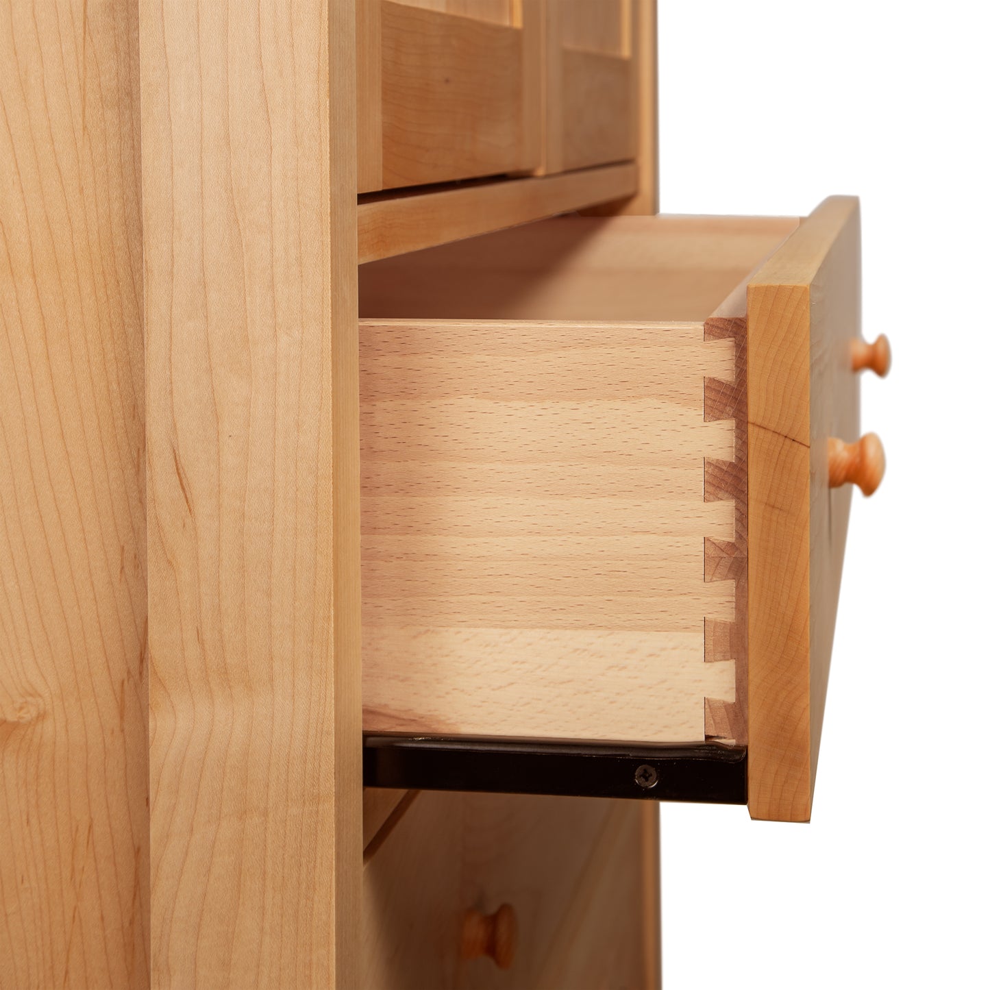 Burlington Shaker Tall Armoire by Vermont Furniture Designs, showcasing open dovetail-jointed drawers and round wooden knobs.