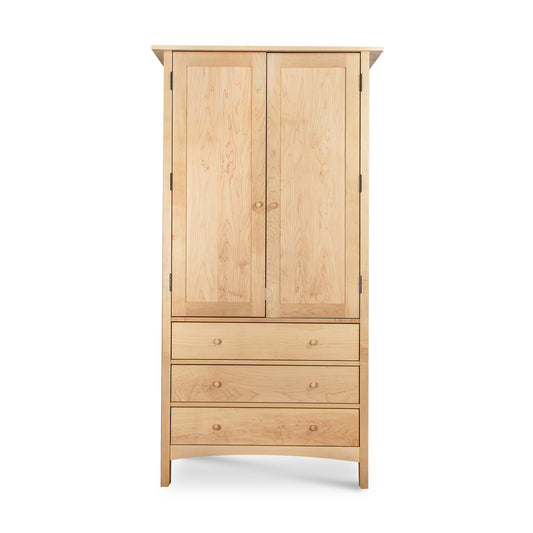 Burlington Shaker Tall Armoire with two doors, three drawers, and round knobs, handmade by Vermont Furniture Designs.