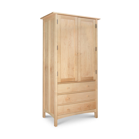 Burlington Shaker Tall Armoire with light natural finish, 2 doors, and 3 drawers; an elegant handcrafted piece by Vermont Furniture Designs.