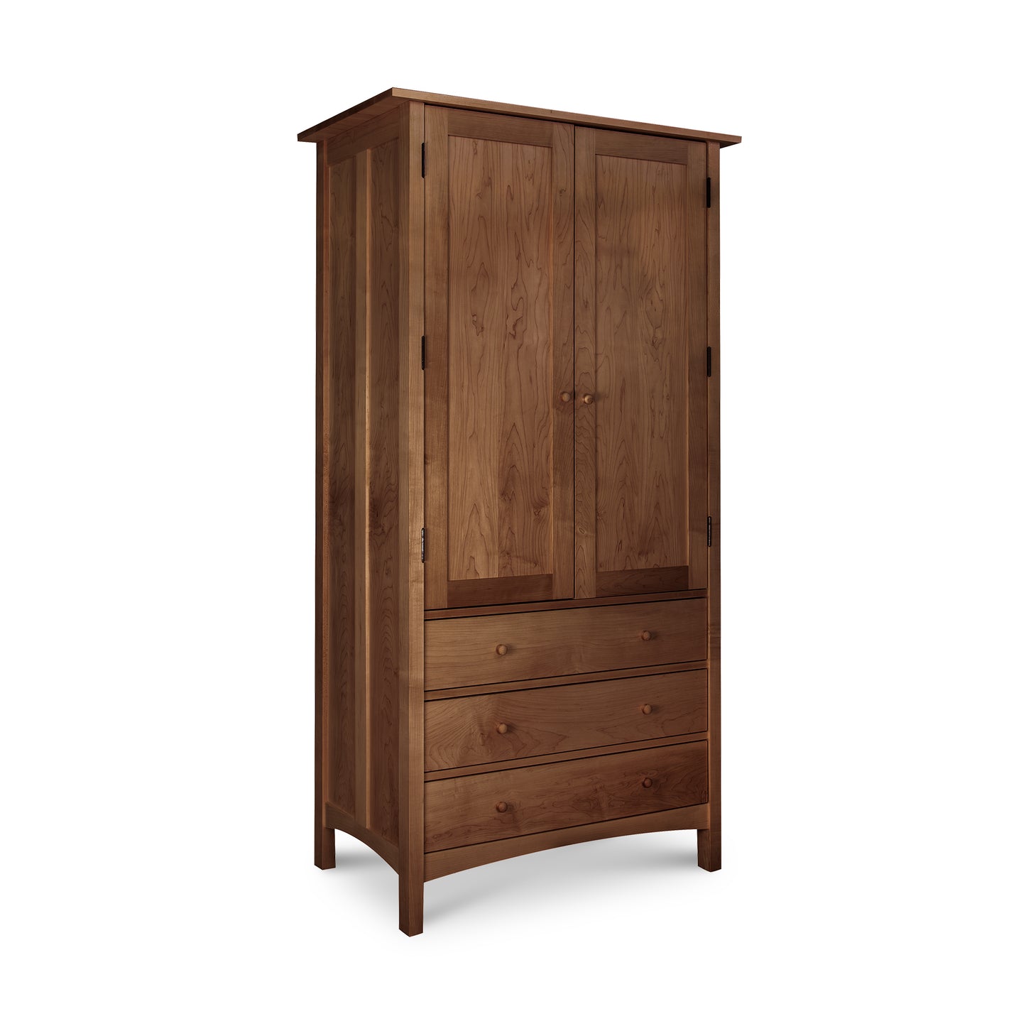 Burlington Shaker Tall Armoire, handmade with natural wood finish, includes two doors and three drawers by Vermont Furniture Designs.