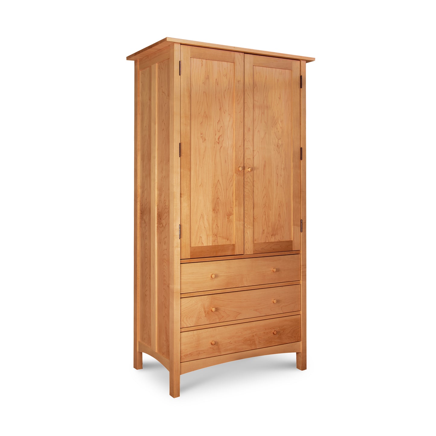 Burlington Shaker Tall Armoire in light wood with two doors, three drawers featuring round handles, handcrafted by Vermont Furniture Designs.