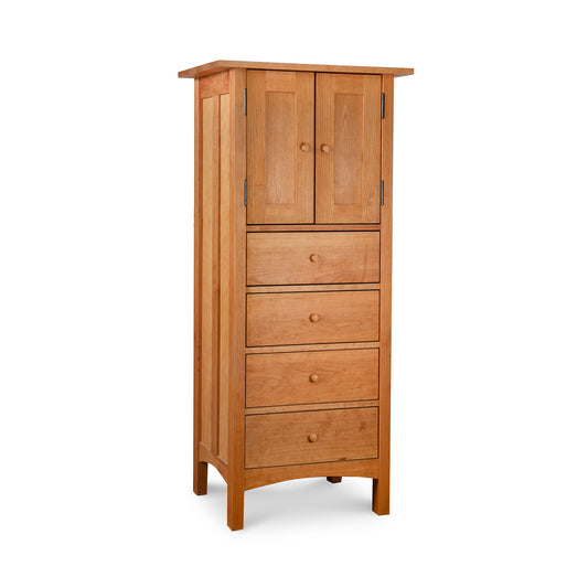 A solid wood Vermont Furniture Designs Burlington Shaker Style Tall Storage Chest with a cupboard above and several drawers below, isolated on a white background.