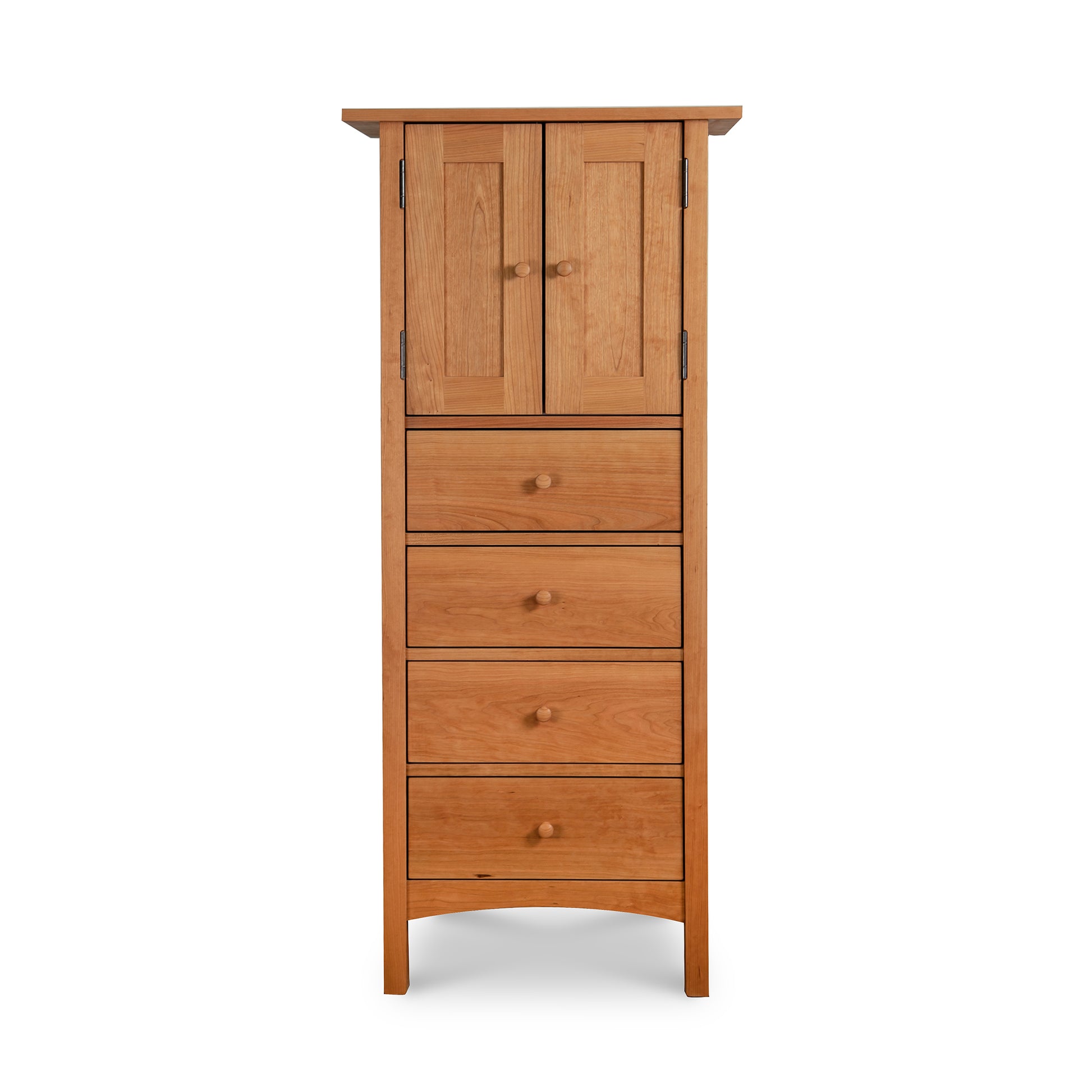 A solid wood Vermont Furniture Designs Burlington Shaker Tall Storage Chest with five drawers and a cupboard, isolated on a white background.