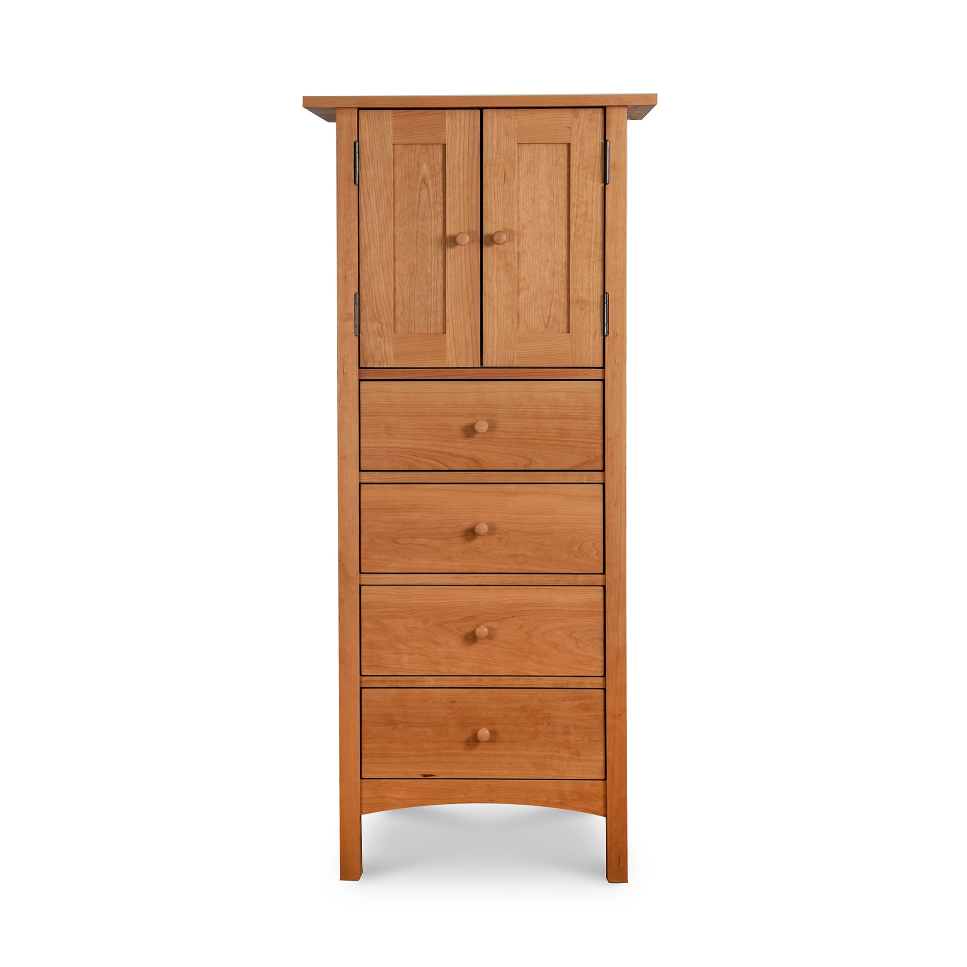 Burlington Shaker Tall Storage Chest with two doors and four drawers, expertly crafted from solid wood by Vermont Furniture Designs.