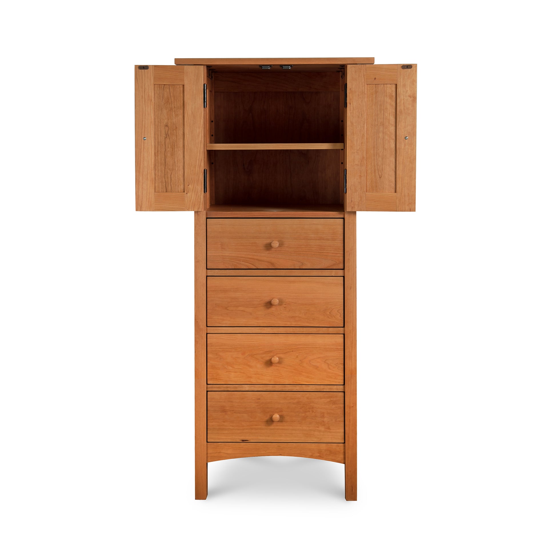 Burlington Shaker Tall Storage Chest with open shelves and four drawers, expertly handcrafted in Vermont.