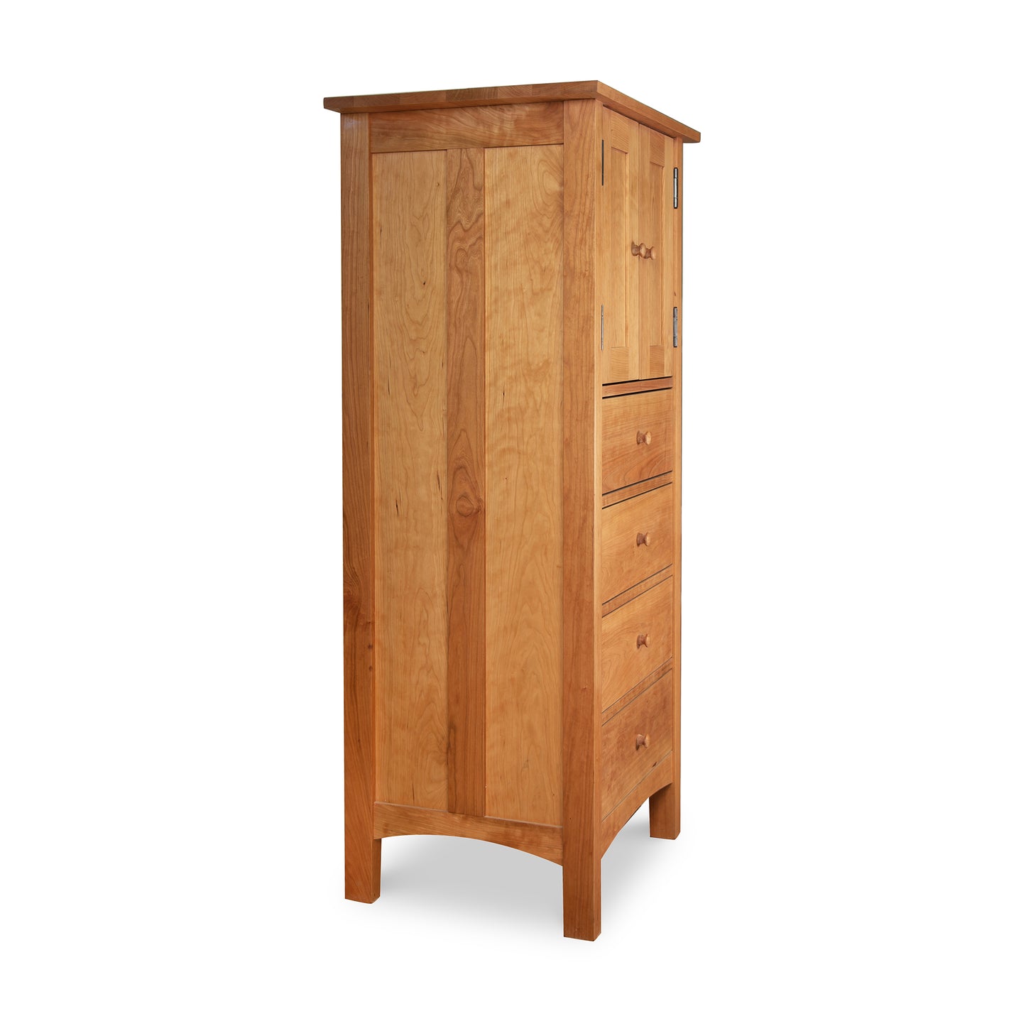 A Vermont Furniture Designs Burlington Shaker Tall Storage Chest, with a tall structure, featuring a single door on the left side and a vertical row of drawers on the right, all set against a white.