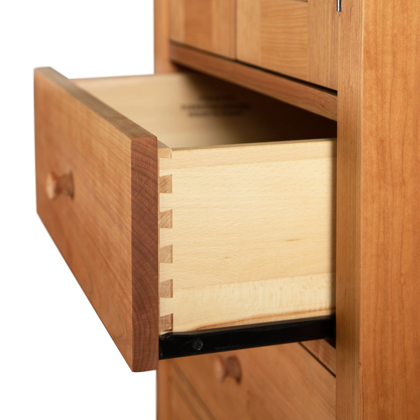 Burlington Shaker Tall Storage Chest with dovetail joints and black metal slides, handcrafted solid wood furniture made in Vermont.