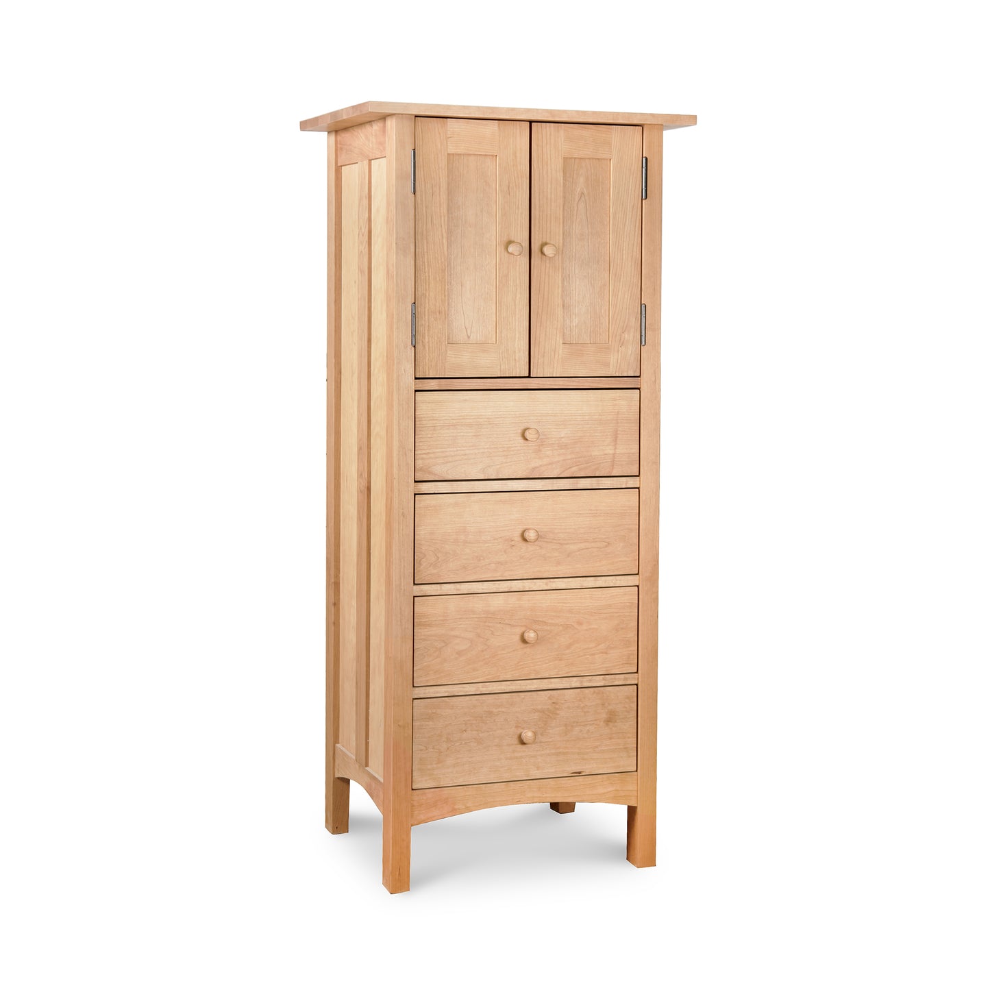 A Vermont Furniture Designs Burlington Shaker Tall Storage Chest with drawers and a cabinet door, isolated on a white background.