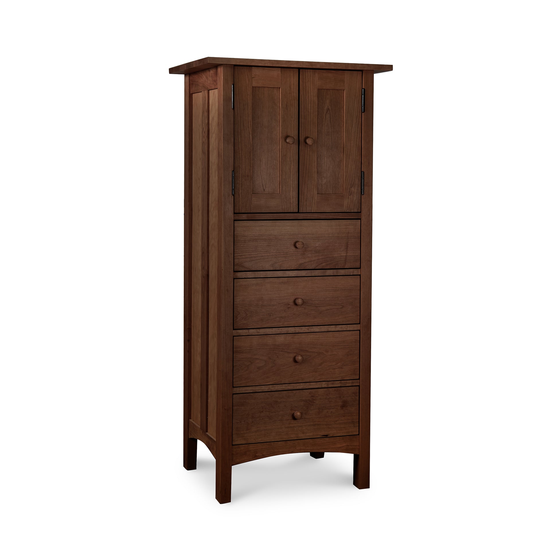 A contemporary Vermont Furniture Designs Burlington Shaker Tall Storage Chest with a door on the upper half and four drawers below, set against a white background.