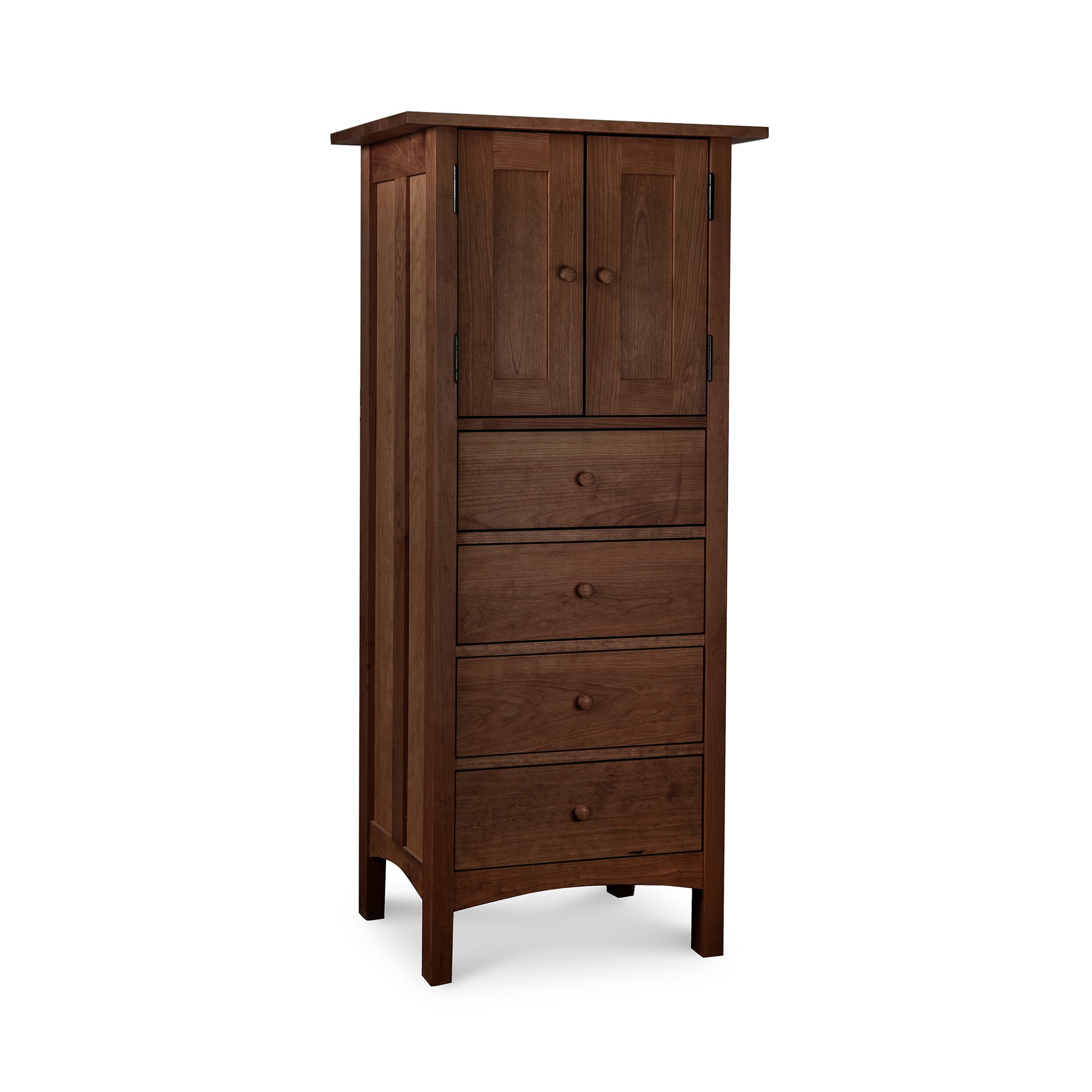 Burlington Shaker Tall Storage Chest featuring two cabinet doors and four spacious drawers, handcrafted in solid wood by Vermont Furniture Designs.