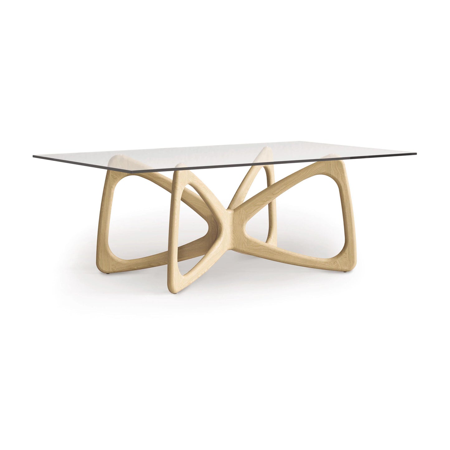 Copeland Butterfly Glass Top Dining Table with an abstract curved hardwood base, highlighting its elegant modern design.