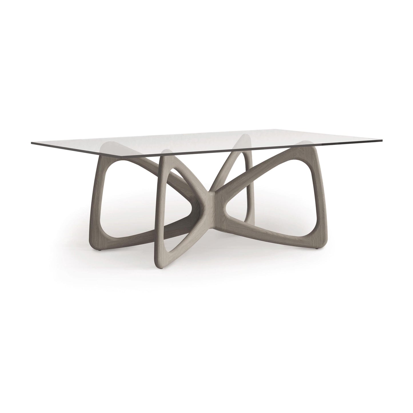 Butterfly Glass Top Dining Table by Copeland Furniture with a sculptural light gray hardwood base, highlighting elegant American craftsmanship.