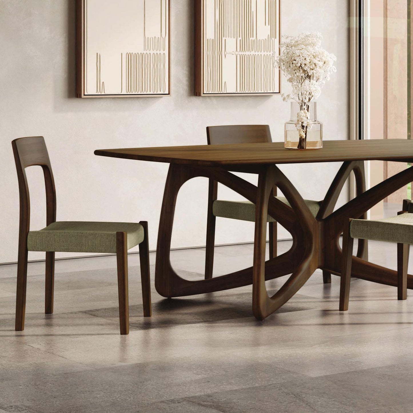 Copeland Furniture Butterfly Solid Top Dining Table with sculptural legs and matching chairs highlighted in a simple setting.