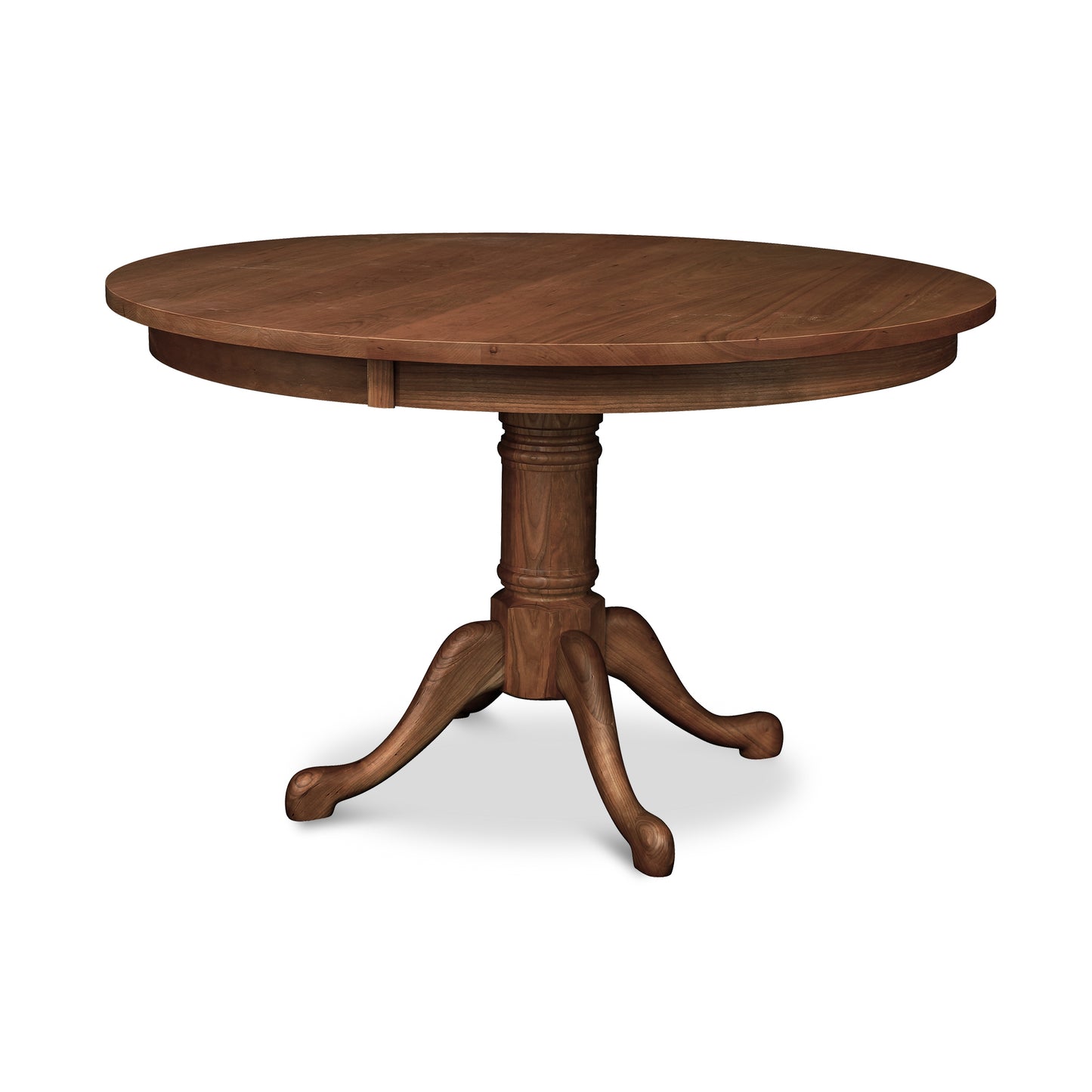 Cabriole Round Pedestal Dining Table by Lyndon Furniture crafted from natural cherry wood with elegant claw foot base.