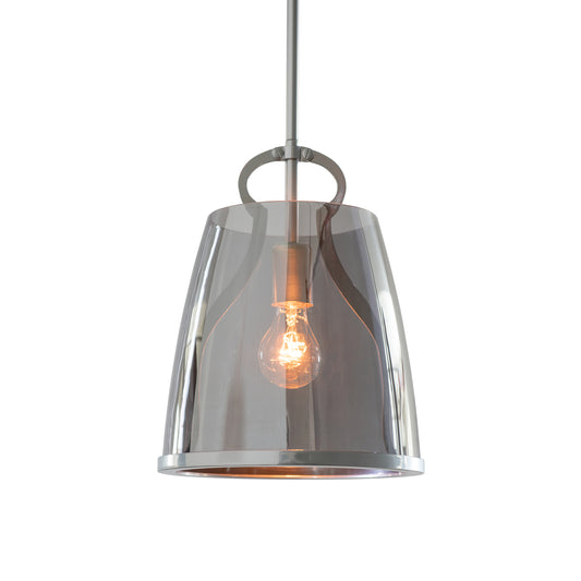 An industrial metal form Caliper Pendant light fixture with a glass shade and a light bulb, inspired by the Hubbardton Forge Caliper Pendant design.