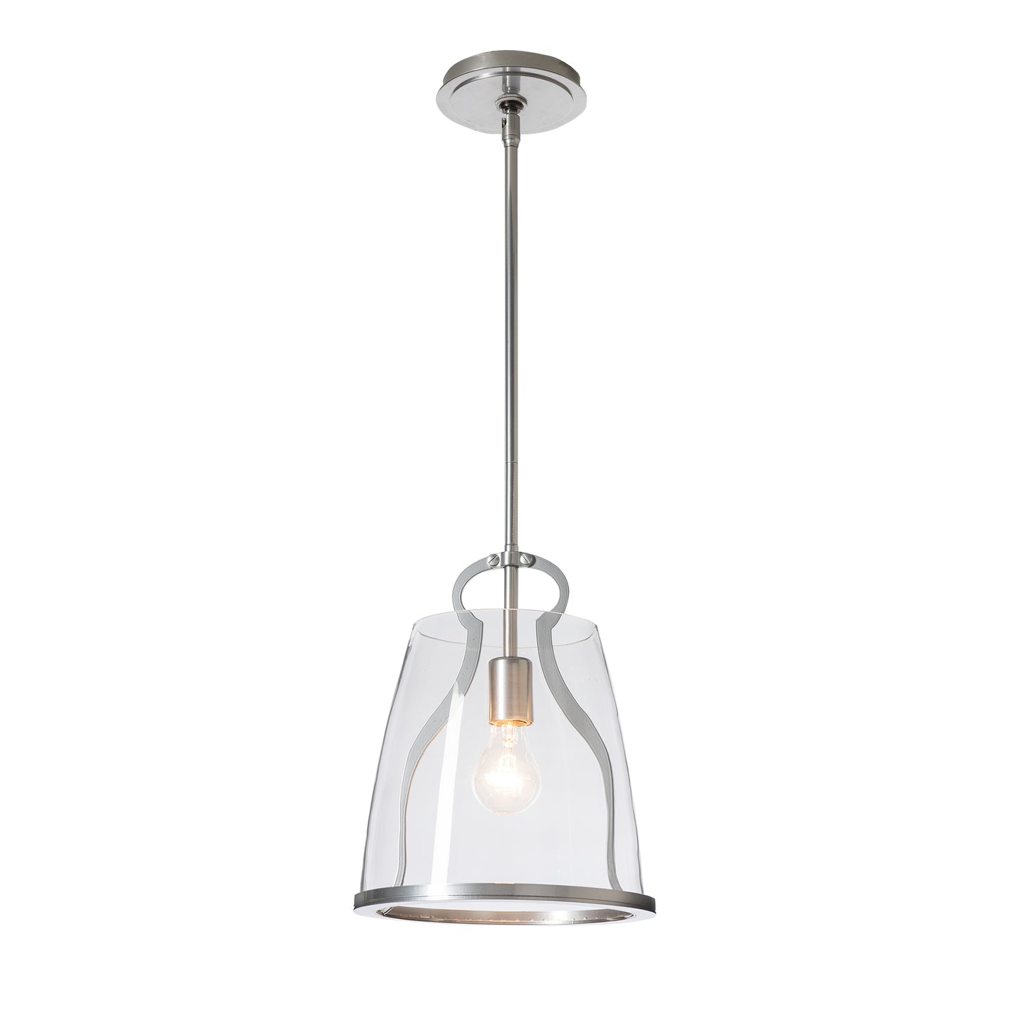 Caliper Pendant by Hubbardton Forge showcasing a sleek industrial metal structure with a clear glass shade highlighting a singular bulb.