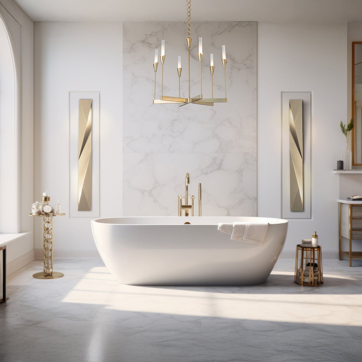 Hubbardton Forge Carbon Large Outdoor Sconce mounted above a white bathtub, showcasing its sleek design and quality craftsmanship.