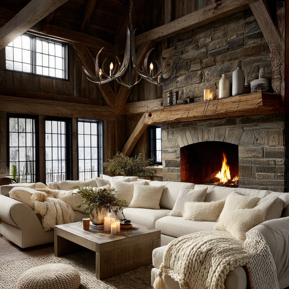 Hubbardton Forge Caribou 5-Light Chandelier featuring a metal frame and five artisan antler-style lights.