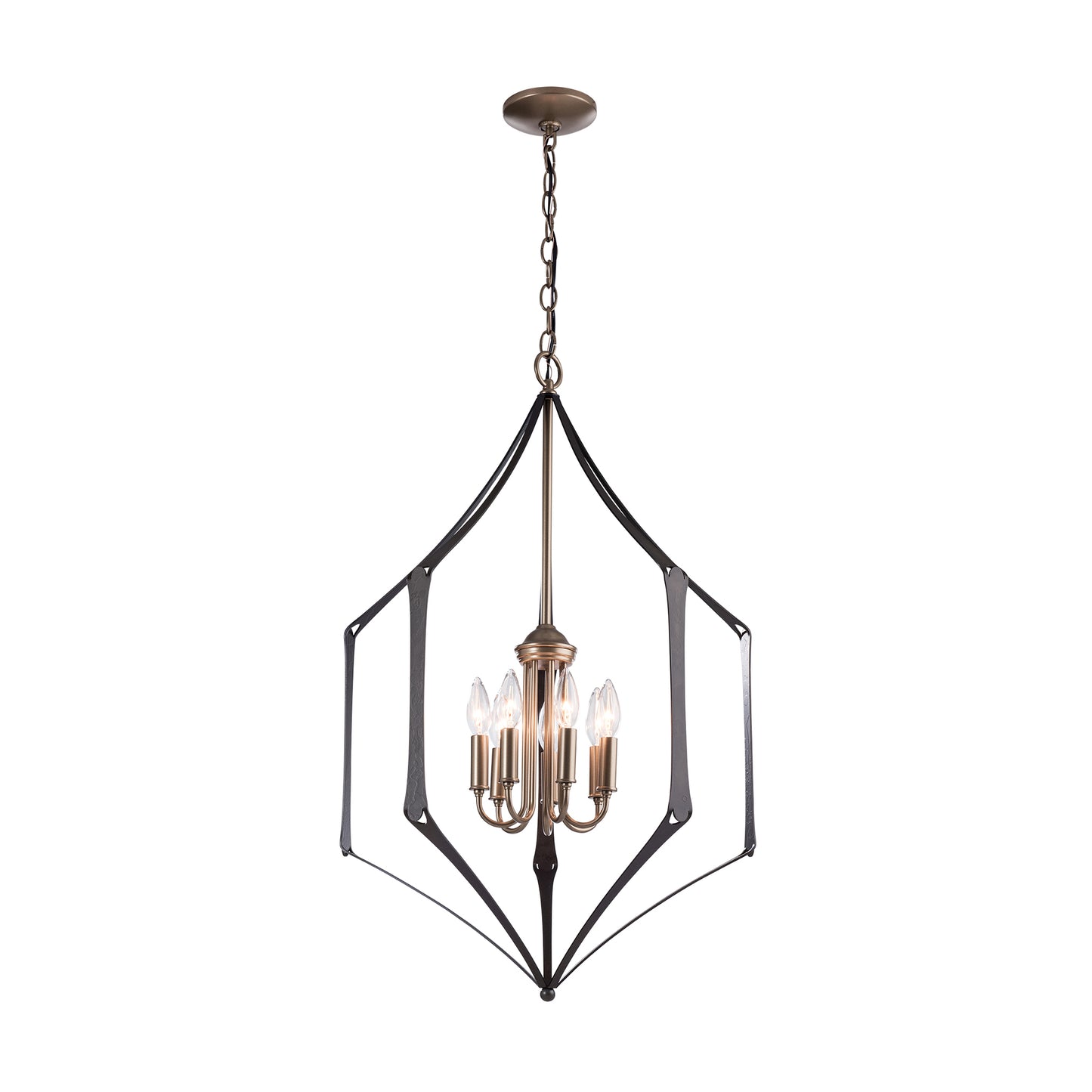 A handcrafted Carousel Chandelier with a metal frame, made by Hubbardton Forge.