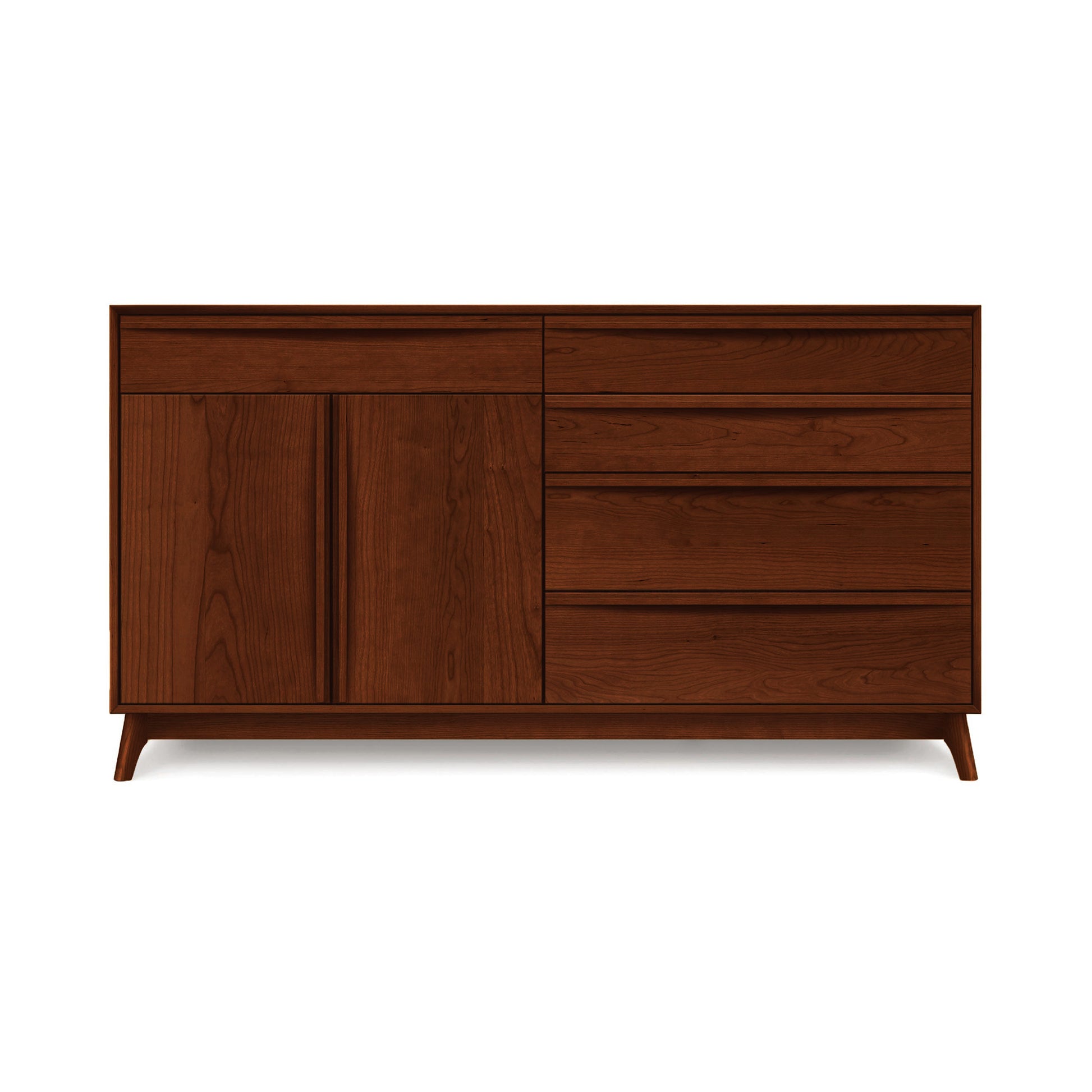Catalina 5-Drawer, 2-Door Dresser by Copeland Furniture in solid wood with a dark finish, featuring a mid-century modern design with cabinet doors and drawers.