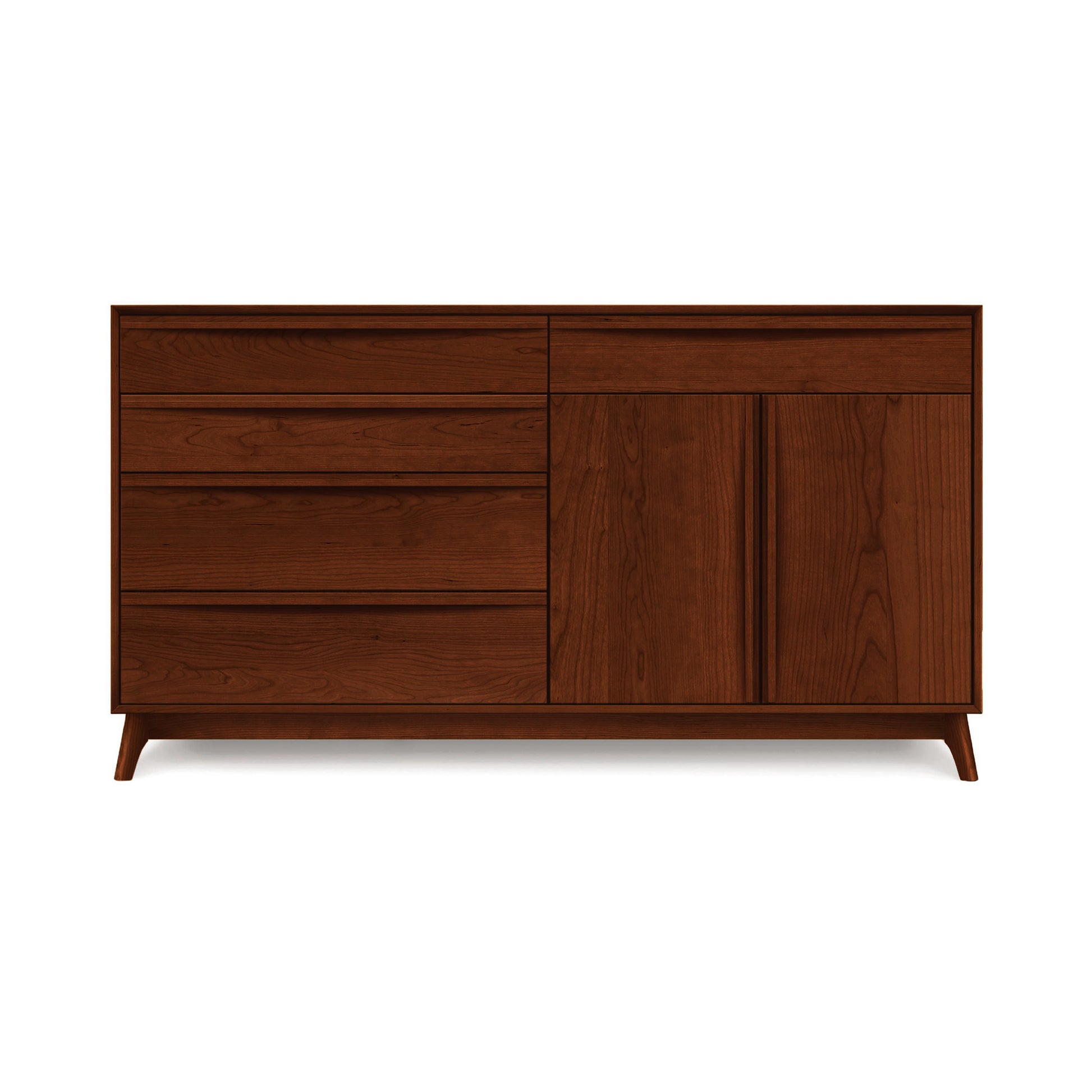Mid-century style Copeland Furniture Catalina Dresser featuring 3 drawers, 2 cabinet doors, and a rich brown finish.