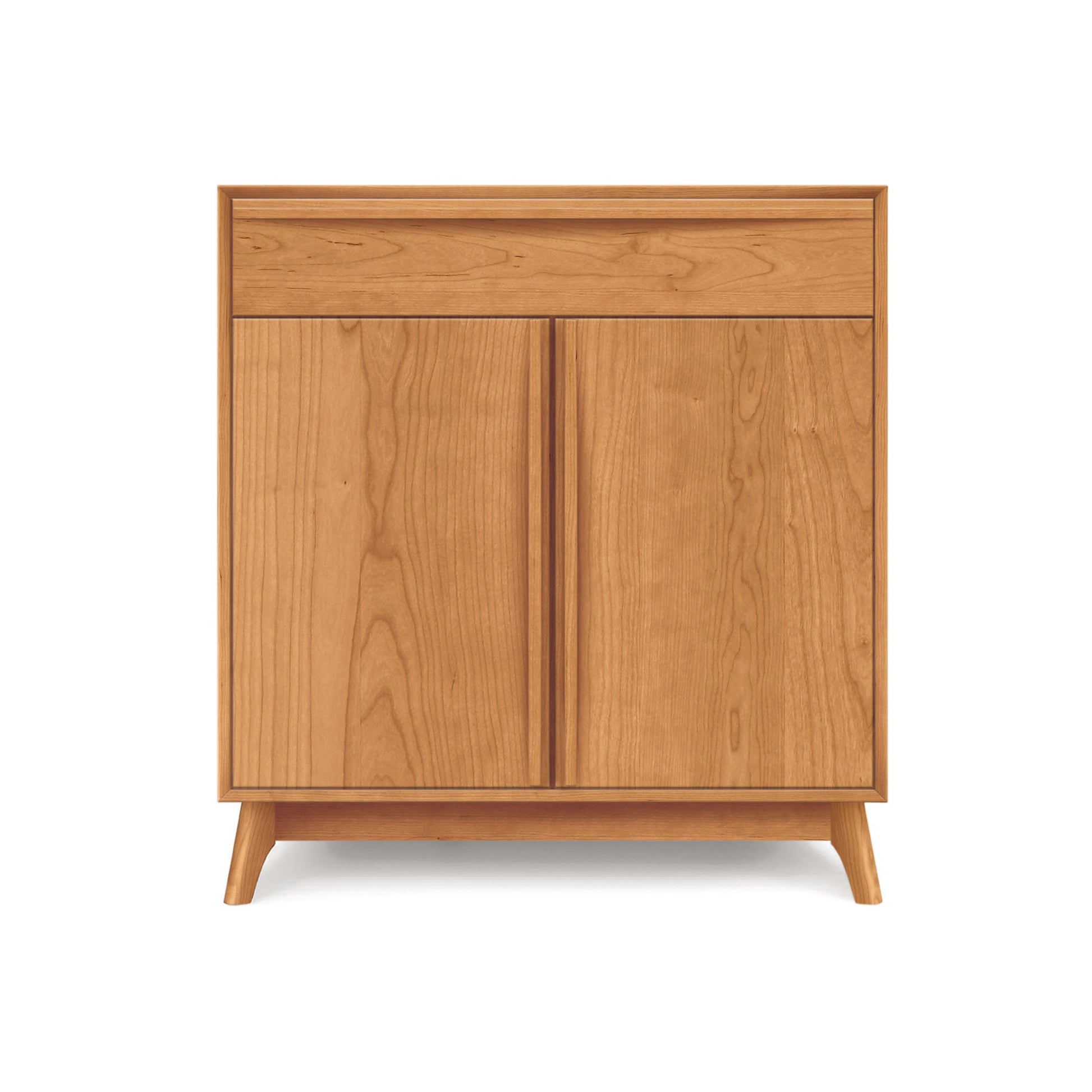 Copeland Catalina mid-century buffet with one drawer and two doors, featuring angled legs and sleek wood design.