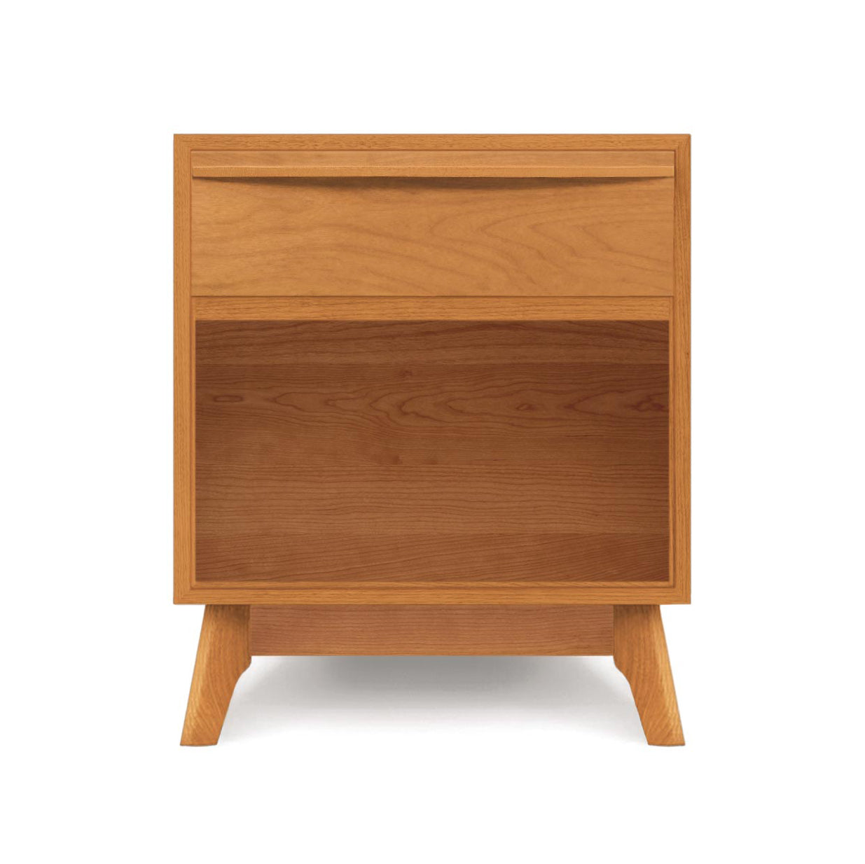 Modern solid wood Copeland Furniture Catalina Nightstand with minimalist design, featuring one drawer and an open shelf.